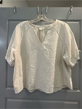 Allie Rose Striped V-Neck Cotton Blouse in Neutral - Lightweight Everyday Top
